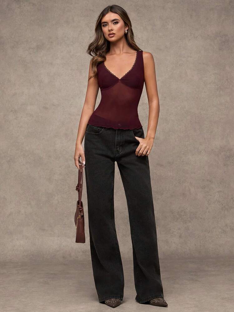 SHEIN BAE Summer Sexy Floral Print Leopard Retro Pattern Lace Women's Slim Fit Long Tank Dress - Burgundy - View 5