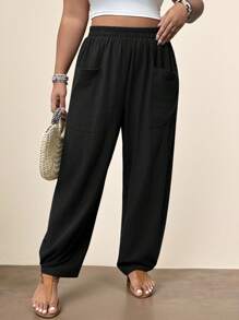 Freevana Quần xếp ly màu trơn cỡ lớn có túi, lý tưởng cho kỳ nghỉ và trang phục thường ngày - màu đen - Xem 5