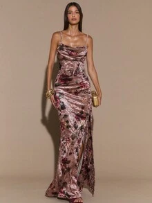 SHEIN BAE 蕾丝边细肩带花卉印花长裙，高开叉修身长裙，女士优雅曲线连衣裙，度假连衣裙，情人节约会连衣裙，伴娘迷你连衣裙，印花连衣裙 - 彩色 - 查看 3