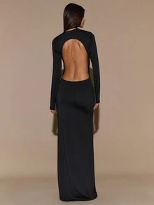 SHEIN BAE Autumn/Winter Solid Color Sexy Deep Draped Neck Backless Long Sleeve Bodycon Maxi Dress, Elegant Sexy Draped Neck Backless Long Dress, Party Cocktail Dress, 3D Floral Dress, Backless Dress, Black Elegant Maxi Dress,Wedding Guest Dress Women - Black - View 1