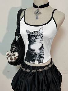 Attitoon 女士休闲性感吊带背心可爱猫咪印花紧身吊带背心，适合夏季、Y2K、街头风格