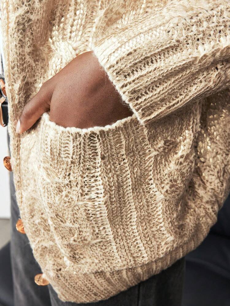 SHEIN Maija Women's Light Apricot Gold Foil Textured V-Neck Loose Batwing Long Sleeve Comfortable Sweater Cardigan, Removable Collar Decor, Versatile For Business, Casual, Office Wear, Chic Urban Style, Suitable For Spring, Autumn, Winter Suitable For Everyone, Street Fashion Wear, Coffee Shop Wear, Relaxed Wear All-Season Street Style, Sophisticated, Simple And Cool Versatile And Comfortable Sweater For Fall And Winter Modern Vacation Nomadic Casual Fashion All-Match Women's Country Concert Clothing Western