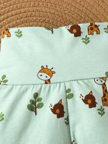 SHEIN Newborn Baby Cartoon Giraffe Print Long Sleeve Top And Pants Set - Green - View 6