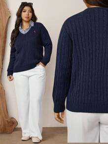 SHEIN LUNE Maglione casual oversize con scollo a V, lavorazione a maglia testurizzata con motivi ricamati