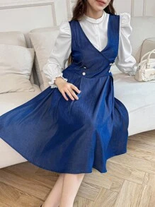 2 peças/Conjunto Roupa para Adolescentes Meninas, Top Branca de Manga Curta com Decoração de Laço + Vestido Azul de Decote em V com Cintura Marcada e Sem Manga, Elegante para Uso Diário e Reuniões, Conjunto Versátil de Volta às Aulas