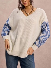 SHEIN VCAY 大码休闲刺绣拼接毛衣，秋冬季女装，大码露肩毛衣，秋季毛衣，仙女风，适合锐舞派对、音乐节、办公室、外出、西部风情等各种场合，大码波西米亚风上衣，秋季百搭单品 - 彩色 - 查看 3