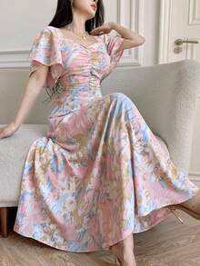 Modelyn 女式花卉印花褶饰前片荷叶边袖腰 A 字形连衣裙