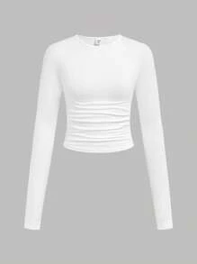 SHEIN Girlism Set de 3 camisetas de manga larga de cuello redondo y unicolor con pliegues casuales para adolescentes chicas