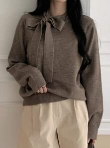 DAZY New Arrival Solid Color Casual Bowknot Knot Decor Women Sweater, Autumn,Fall Women Clothes - Brown - View 3