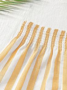 SHEIN VCAY 度假宽松高腰条纹阔腿女士短裤 - 黃色 - 查看 4