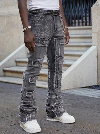 Street Life Jeans acampanados con diamantes brillantes y desgastados para hombres