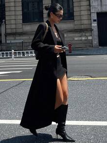 DAZY 女士纯色修身长袖翻领优雅休闲加厚外套，秋冬款 - 黑色 - 查看 3