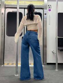 EURMUSE 100%Cotton VINTAGE WASH HIGH WAIST WIDE LEG CUT ASYMMETRIC BELT DETAIL - Medium Wash - View 2