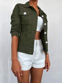 EURMUSE Flap Pocket Button Front Denim Jacket - Army Green - View 3