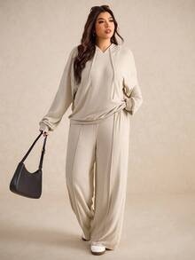 Elaquor Plus Size Solid Color Minimalist Casual Hoodie Long Sleeve Top And Pants 2 Pieces Set Fall - Grey - View 1