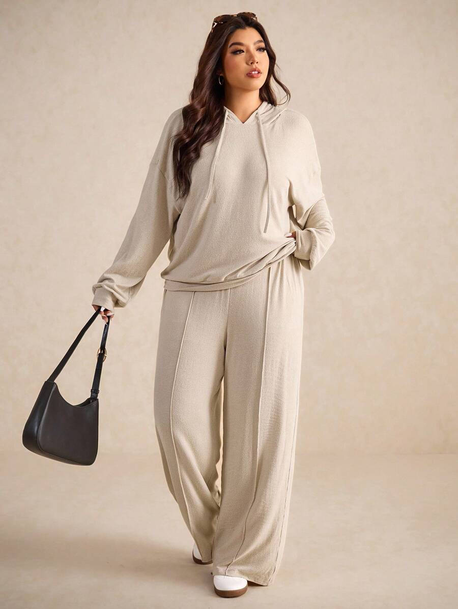 Elaquor Plus Size Solid Color Minimalist Casual Hoodie Long Sleeve Top And Pants 2 Pieces Set Fall - Grey - View 1