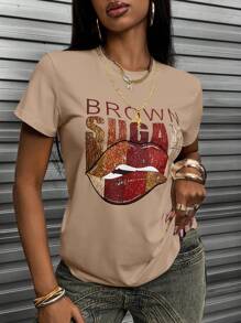 SHEIN Áo thun cổ tròn tay ngắn in chữ và phối màu thời trang mùa hè dành cho nữ - Màu Khaki - Xem 3