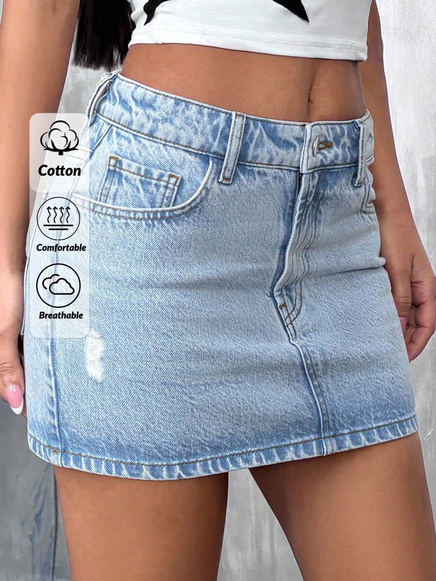 EURMUSE Low Waist Light Wash Mini Denim Skirt