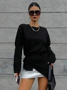 DAZY 女式纯色圆领长袖不对称下摆时尚衬衫，秋季女装 - 黑色 - 查看 7