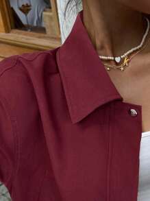 Muchica 女士秋冬休闲百搭酒红色落肩长袖口袋夹克 - 酒紅色 - 查看 7