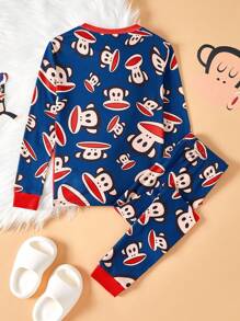 Paul Frank X SHEIN 2pcs Tween Boy Cartoon Pattern Crew Neck Long Sleeve Top And Pants Comfortable Casual Pajama Set - Navy Blue - View 2