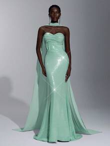 Elitara 优雅奢华薰衣草紫色 V 领串珠褶饰紧身胸衣美人鱼下摆正式礼服，适合女士正式晚礼服 - 薄荷綠 - 查看 1