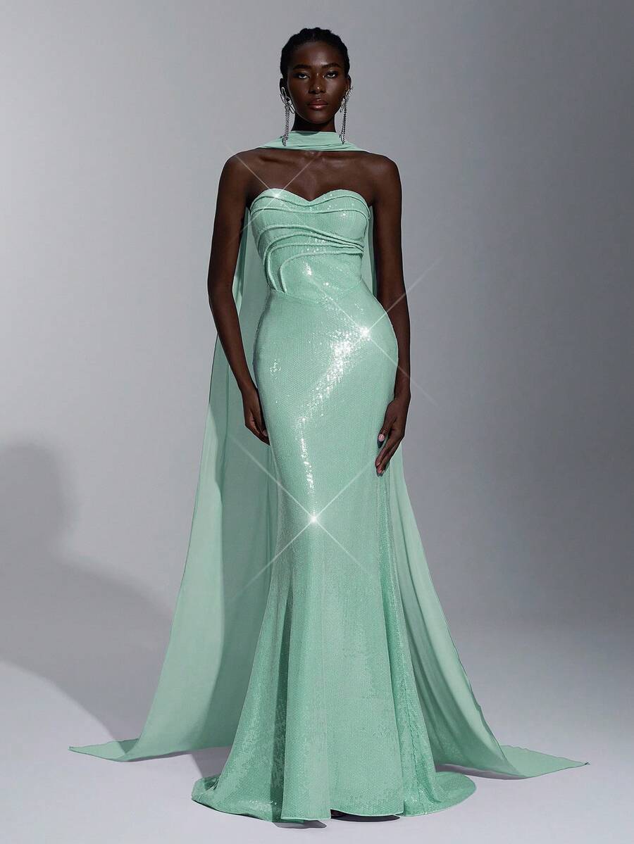 Elitara 优雅奢华薰衣草紫色 V 领串珠褶饰紧身胸衣美人鱼下摆正式礼服，适合女士正式晚礼服 - 薄荷綠 - 查看 1