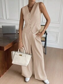 Siren Gaze Bộ vest và quần âu trơn màu thường ngày/công sở dành cho nữ mùa thu/đông - Màu be - Xem 5