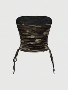 ROMWE Grunge Punk Camo Print Heart Rhinestone Decor Side Drawstring Tube Top For Women - Army Green - View 2