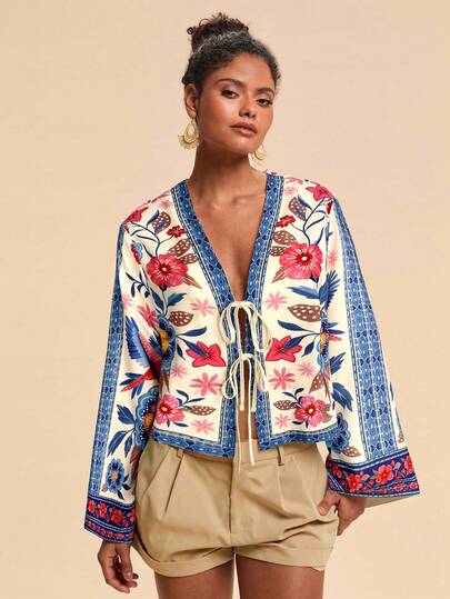 Travachic Woven Print 3/4 Sleeve Front Tie Loose Cropped Women Shirt Boho Blouses Boho Shirts Women