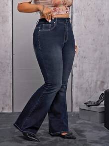 Jeanoix Quần jean ống loe thêu hoa cỡ lớn dành cho nữ - Màu xanh lam - Xem 6