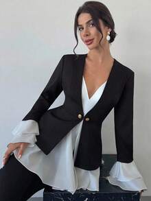 Firerie Damen eleganter, minimalistischer, anspruchsvoller Pendler-Blazer mit Metallschnalle in Taille-A-Linie, Schwarz-Weiß-Kontrast, figurbetont, Herbst/Winter - Schwarz und Weiss - Übersicht 9