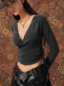Easelle Top à manches longues avec décolleté plongeant, style sexy . Catégorie polyvalente de t-shirt/sous-vêtement, convient à ceux qui recherchent le style personnalisé, la sensualité et la mode. Peut être porté au quotidien ou pour créer un look sexy. - Gris foncé - Voir 5