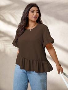 EMERY ROSE 大码女式休闲荷叶边袖不对称下摆宽松衬衫，夏季服装 - 棕色 - 查看 7