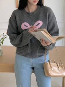 DAZY Áo len dệt kim nơ jacquard dáng rộng thoải mái mùa thu mới dành cho nữ Áo thun họa tiết - Xám - Xem 7