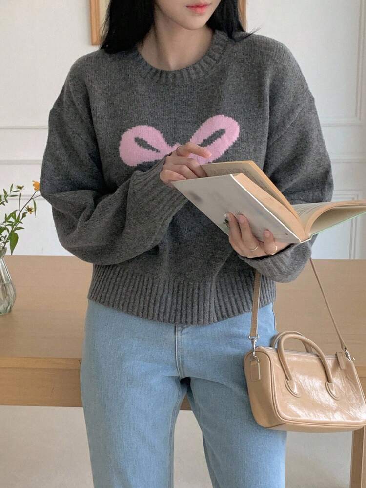 New Autumn Loose Casual Bow Jacquard Knit Sweater For Women Graphic Tee