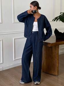 Livesso 2 piezas Conjunto de chaqueta y pantalones de mezclilla casual urbano para mujer, otoño/invierno - Azul - Ver 3