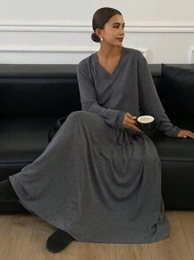Livesso Set de 2 piezas Conjunto informal y holgado de estilo urbano gris, Conjunto de salón de otoño/invierno para mujeres - Gris - Ver 5