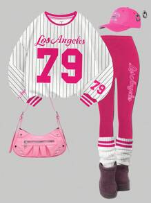 SHEIN 2 件套年轻女孩休闲运动衫套装，“洛杉矶”79 号图案印花条纹圆领长袖运动衫和紧身裤，适合秋冬季，年轻女孩服装 - 彩色 - 查看 2