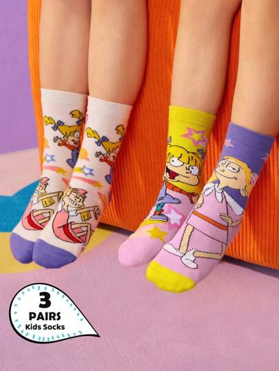 Nick 90s | SHEIN 3 đôi tất cotton mềm mại, thoáng khí, thấm hút mồ hôi cho bé gái, cao đến bắp chân, màu hồng dễ thương, họa tiết hoạt hình, mũi và gót được gia cố để tăng độ bền, phù hợp cho mọi mùa, đi học và hoạt động ngoài trời, mùa hè và mùa đông.