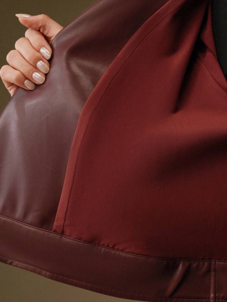 Women's Fashionable & Elegant Motorcycle Jacket, Short Style, Burgundy Color, Suitable For Autumn/Winter And Halloween