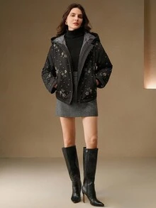 Anewsta Women's Elegant Black & Gray Denim Floral Embroidered & Rhinestone Decorated Hooded Winter Coat, Suitable For Autumn, Fall, Winter, Going Out, Formal, Party, Chic, New Year, Graduation