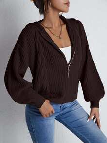 EURMUSE 女士纯色简约日常拉链针织开衫 - 棕色 - 查看 4