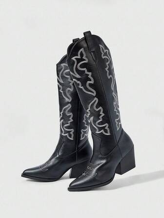 Fairycore Women's Autumn/Winter New Pointed Toe Chunky Heel Embroidered Ankle Boots, Leather Outdoor Fashion Slip-On Western Cowboy Boots