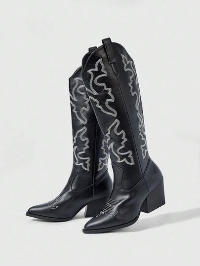 Fairycore Women's Autumn/Winter New Pointed Toe Chunky Heel Embroidered Ankle Boots, Leather Outdoor Fashion Slip-On Western Cowboy Boots