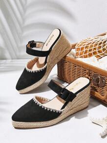 Styleloop Giày vải tối giản cho nữ có quai đeo mắt cá chân, dây chun, khóa kéo phía sau, mũi tròn giả da, khóa kim loại rỗng, dép xăng đan đế xuồng dệt dày màu đen, đi nghỉ - màu đen - Xem 3