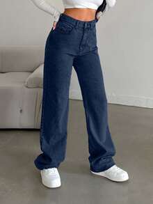 SHEIN Cottnline Snow Wash Straight Leg Jeans High Rise ,Petite Women - Navy Blue - View 3