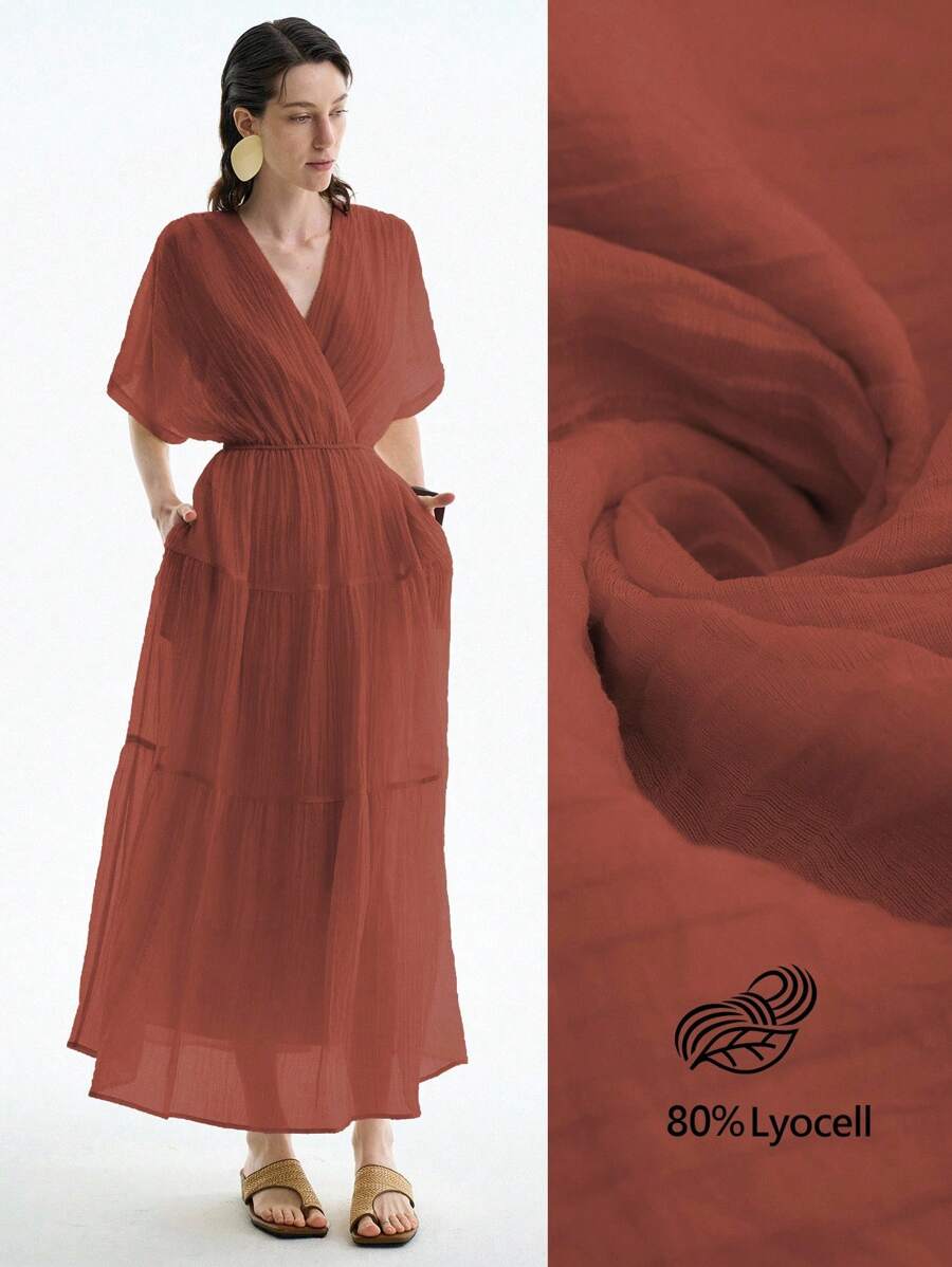 Aalyst 女式优雅轻盈奢华休闲度假通勤舒适纯色天丝半透明面料交叉领口落肩袖松紧腰带侧袋长裙，春夏 - 鏽棕色 - 查看 1