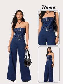Rivivi 女式时尚挂脖牛仔连体裤 - 深色水洗藍 - 查看 8