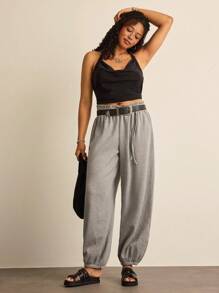 SHEIN VCAY Plus Size Women's Solid Color Ruffle Hem Drawstring Waist Casual Pants Palazzo Joggers Sweat Pants Going Out Autumn - Grey - View 3